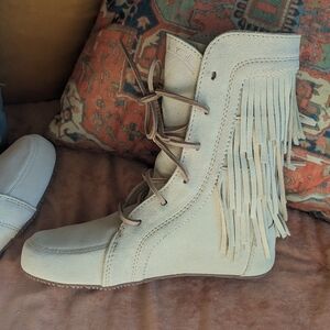 Women's Beige Fringe Lace-Up Boot - Casual Suede Style